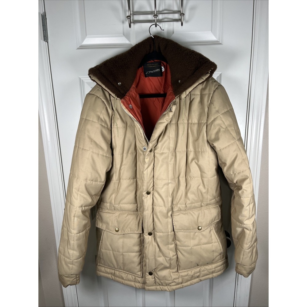 Vintage JCPenny Parka Coat Khaki Color Puffer Design 70s Era Hood Men's LL - Picture 2 of 15